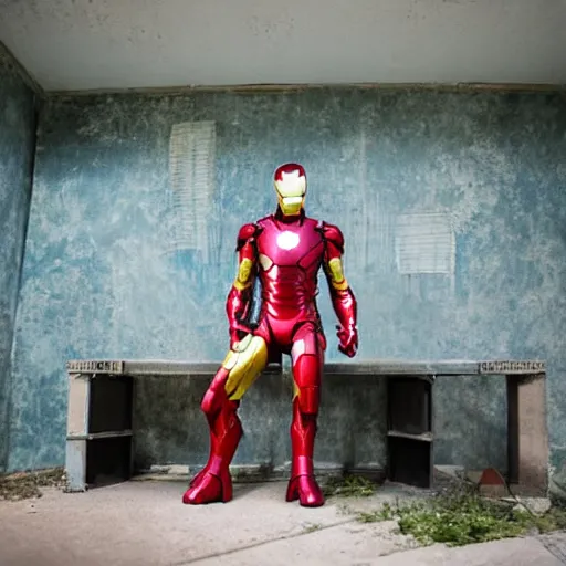 Prompt: iron man having a pr meeting in an abandoned house, studio ghibli, bright colors