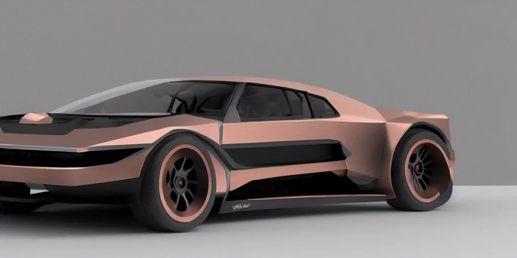 Image similar to a design of a futuristic DMC Delorian, designed by Polestar, blade runner background, back view, rose copper car paint with white line accent detailing, black windows, sportscar, black show room, dramatic lighting, hyper realistic render, depth of field.