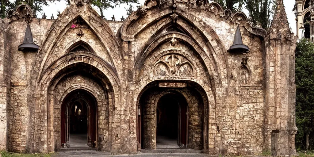 Image similar to magical entrance to monastery, metal, ornaments, castle, church, horror