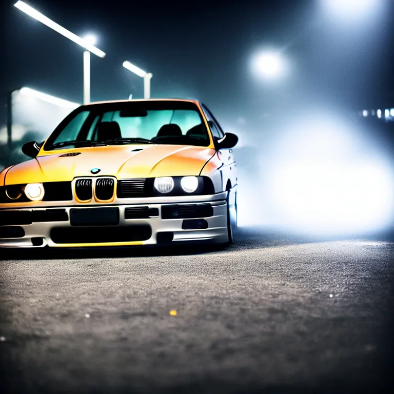 Prompt: close-up-photo Woman Driver standing against her car, BMW E36 turbo illegal meet, work-wheels, Gunma prefecture, misty at night, cinematic color, photorealistic, high detailed deep dish wheels, highly detailed, custom headlights, subtle neon underlighting