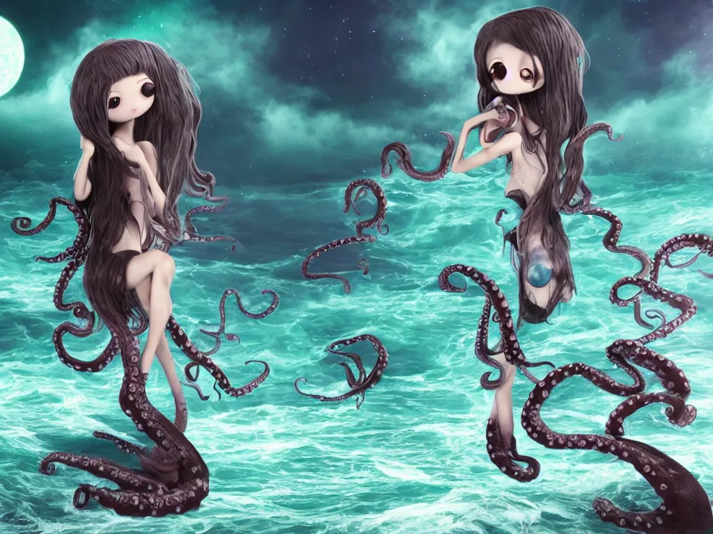 Image similar to cute fumo plush gothic octopus maiden alien girl combing her hair in the waves of the dark galactic abyss, tattered ragged gothic dress, ocean waves and reflective splashing water, ocean simulation, vignette, vray