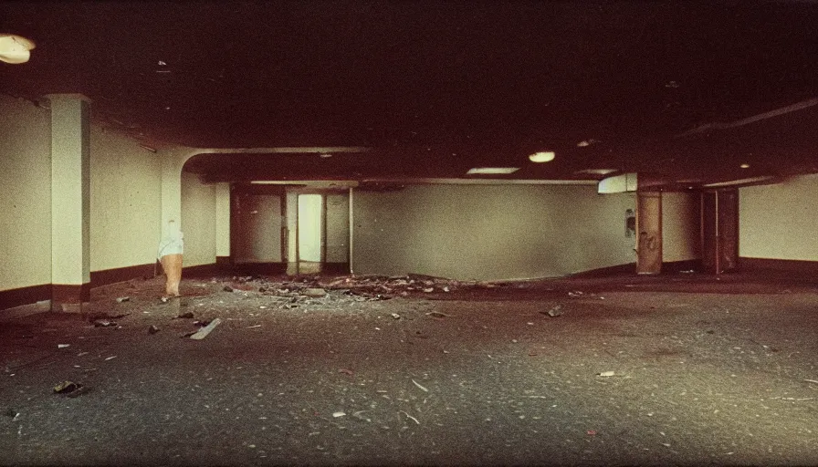 Image similar to 7 0 s film still from a horror movie with one person standing omniously in an abandoned bowling alley, kodachrome, cinecolor, cinestill, photorealism, cinematic, film grain, film texture, vhs recording