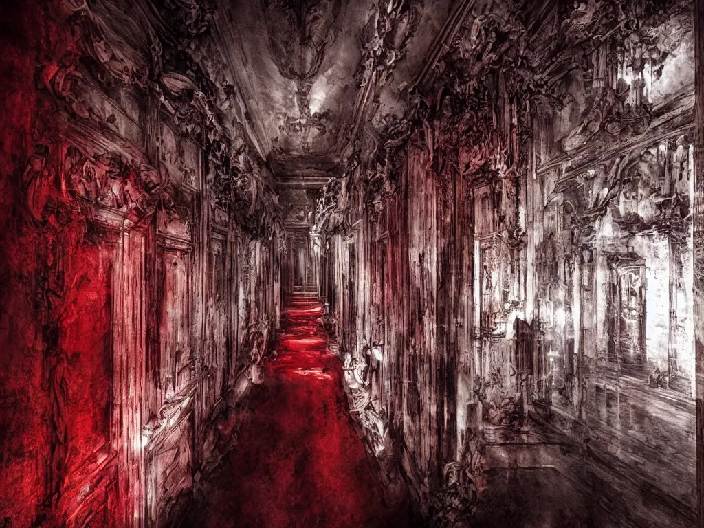 Prompt: seventh floor of hell, suffering, red blood, baroque, eerie, fantasy, horror, human torture, vivid color, saturated, realistic, cinematic