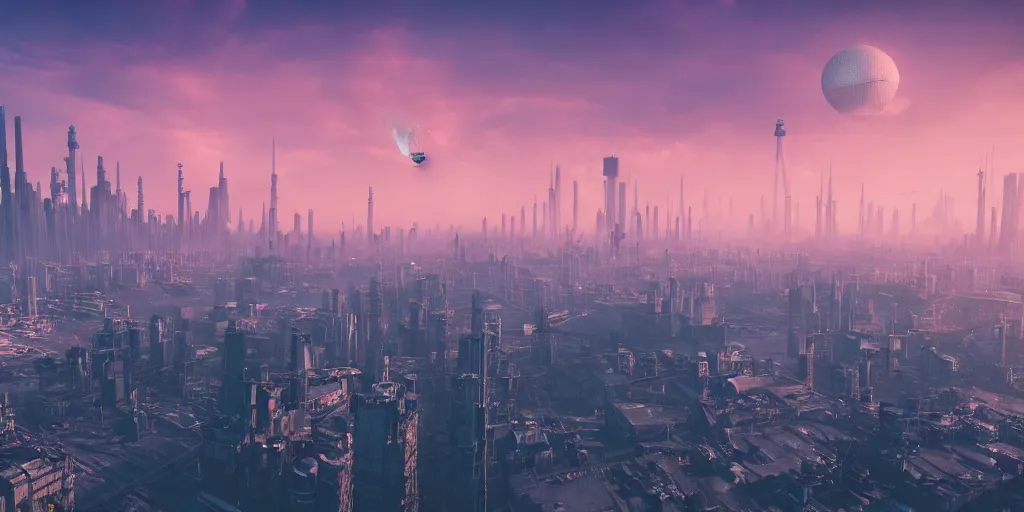 Prompt: big city like coruscant, with a green sunset smog sky, cinematic lighting, power plants with smoke, factories, tall metal towers, flying metal orbs, flying vehicles, a big moon in the sky, one blimp in the distance, a cloudy sky, mud mountains in background, hd 4k photo