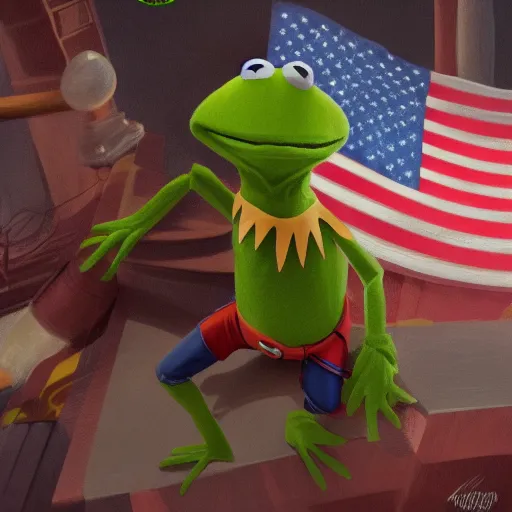 Image similar to Kermit the Frog is Captain America hyperdetailed, artstation, cgsociety, 8k