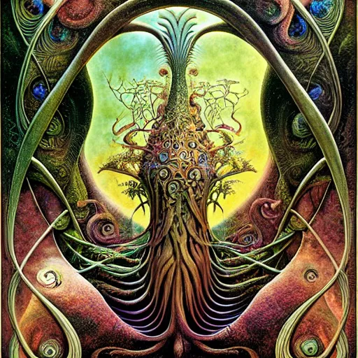 Prompt: divine chaos engine by roger dean and andrew ferez, tree of life, symbolist, visionary, art forms of nature by ernst haeckel, art nouveau, botanical fractal structures, surreality, detailed, realistic