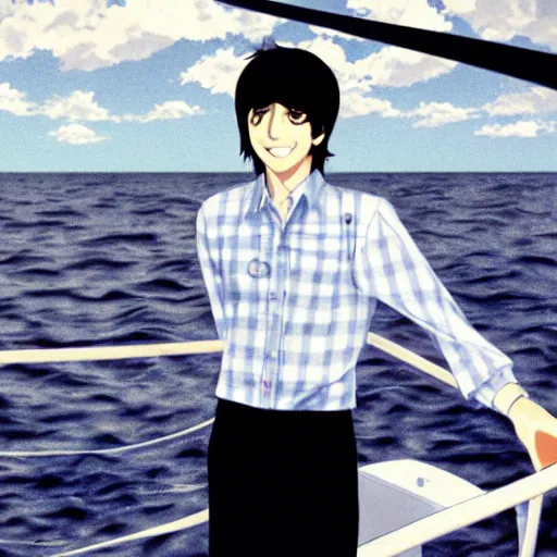 Image similar to anime illustration of young Paul McCartney from the Beatles, wearing a blue and white check shirt, on a yacht at sea, smiling at camera, white clouds, ufotable