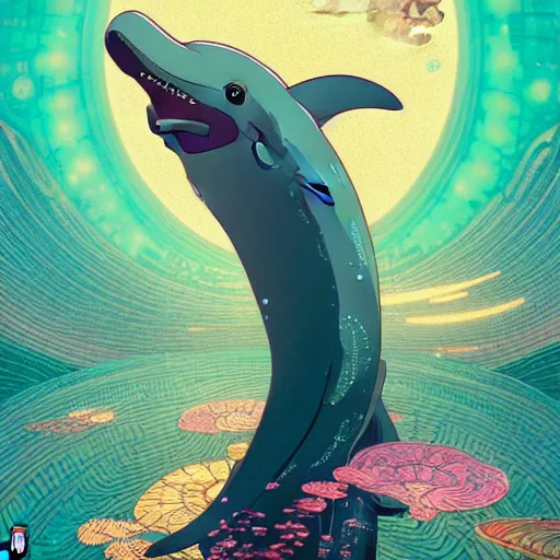 Image similar to a beautiful hyperdetailed character design 4 k wallpaper illustration of a cute dolphin, victo ngai cyberpunk style, from china, style of studio ghibli, makoto shinkai, raphael lacoste, louis comfort tiffany, artgerm, james jean, ross tran, chinese style