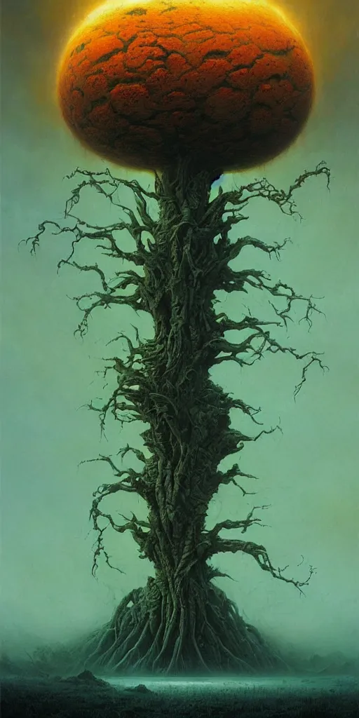 Prompt: landscape, alien tree of life, cyberpunk, sci fi, horror, monstrous, highly detailed, complex, intricate, matte painting, cinematic, by rhads and mohrbacher and zdzislaw beksinski,