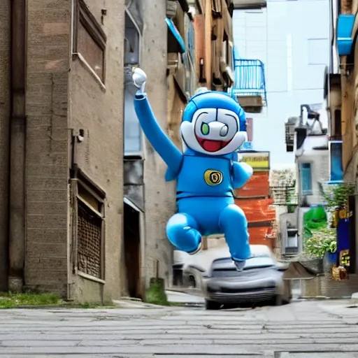 Image similar to doraemon joyfully parkouring, inner city, photorealistic sensual