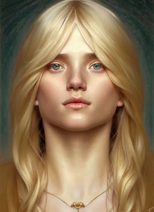 Prompt: symmetrical beautiful face, portrait of young woman blessed by god with ever - increasing physical and mental perfection, blonde hair, perfect face!! intricate, elegant, highly detailed, vision of holy perfection!! smile, digital painting, artstation, concept art, smooth, sharp focus, illustration, art by artgerm and greg rutkowski and alphonse mucha