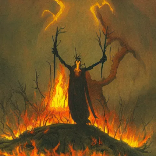 Image similar to beelzebub next to an oak tree aflame, still, fog in background, dantes inferno, evil album cover