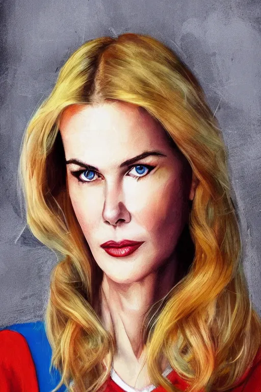 Prompt: portrait of a mix of beautiful young nicole kidman, maria shriver, mariel hemmingway, brooke shields and elle macpherson as supergirl, thin lips, hair tied up in a pony tail, colorful artstation, cgsociety