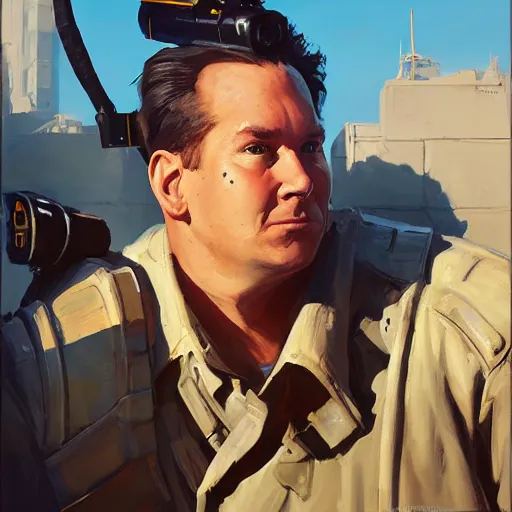Image similar to greg manchess portrait painting of armored ghostbuster peter venkman overwatch character, medium shot, asymmetrical, profile picture, organic painting, sunny day, matte painting, bold shapes, hard edges, street art, trending on artstation, by huang guangjian and gil elvgren and sachin teng