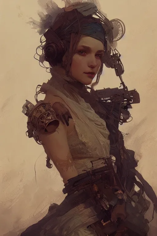 Image similar to A full portrait of a beautiful post apocalyptic offworld dust merchant, intricate, elegant, highly detailed, digital painting, artstation, concept art, smooth, sharp focus, illustration, art by Krenz Cushart and Artem Demura and alphonse mucha