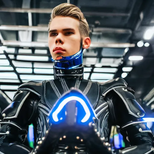 Prompt: low angle upper view of Austin Butler dressed in dark-blue-futuristic-baroque duelist-garb and carbon-armor, standing in an arena, XF IQ4, f/1.4, ISO 200, 1/160s, 8K, RAW, unedited, symmetrical balance, face in-frame