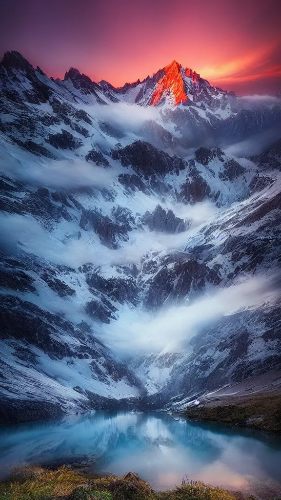 Image similar to amazing landscape photo of mountains with lake in sunset by marc adamus, beautiful dramatic lighting