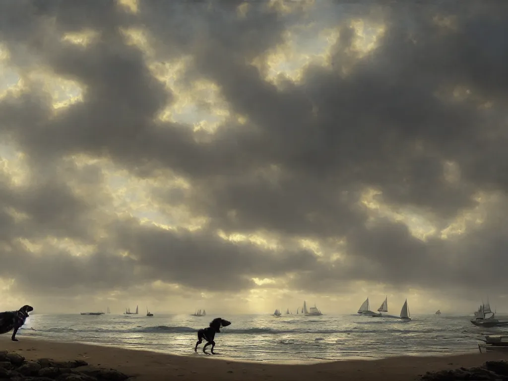 Prompt: springer spaniel running along a beach, quiet with a few boats in the background, peaceful, epic lighting, evening sunlight, cinematic, volumetric lighting digital art by greg rutkowski, roberto ferri, jeremy lipking, trending on art station, 8 k, highly detailed, hyper realistic, photorealistic