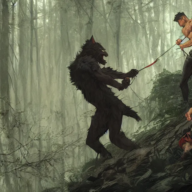 Image similar to a male werewolf fighting a young fit male vampire in a dark forest at night, by greg rutkowski and alphonse mucha, gradient brown to red, highly detailed, digital painting, artstation, concept art, smooth, sharp focus illustration