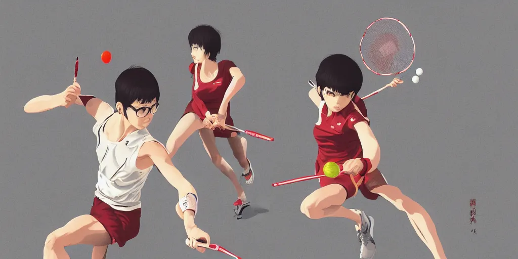 Image similar to illustration of a badminton, realistic body poses, badminton rackets, badminton birdies, by ilya kuvshinov katsuhiro otomo