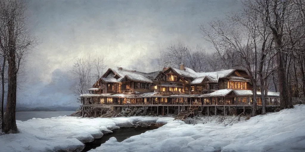 Image similar to an oil painting of a lakehouse in winter, masterpiece, highly detailed, high quality, 4 k, anatomically correct, hyperrealistic, concept art, octane render, unreal engine 5, trending on artstation, trending on deviantart, matte, historical painting, fantasy style, path traced, high coherence, soft lighting, digital painting, mythical, by leonardo da vinci