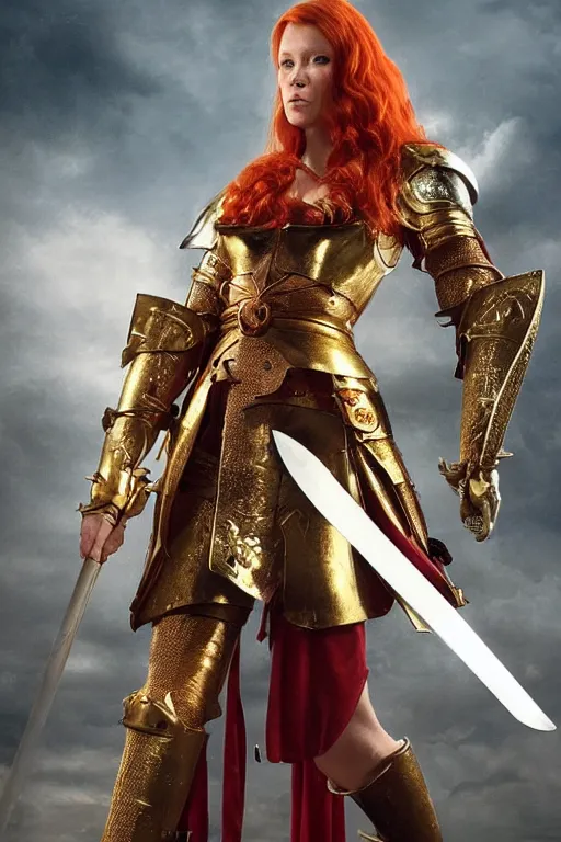 Image similar to a tall, red - haired female knight wearing golden armor and a right golden prosthetic arm, she wields a long golden blade