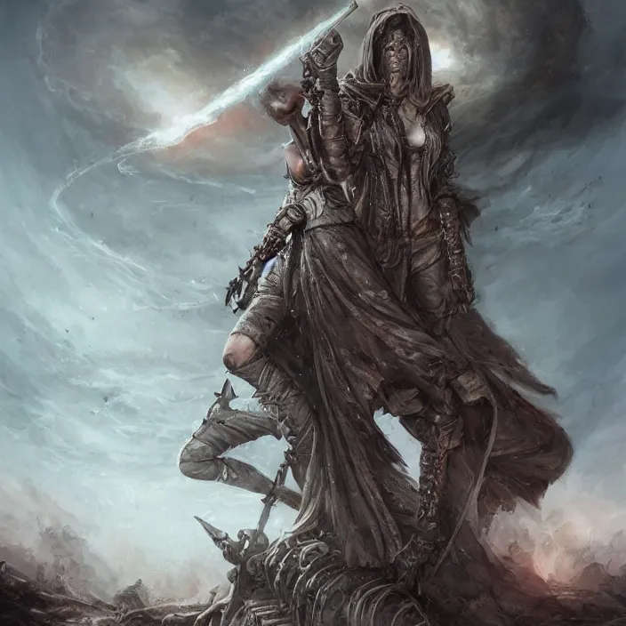 Image similar to beautiful apocalyptic woman in hooded cloak, standing on mad max panzer tank, hyper-detailed, smooth, sharp focus, 4k ultra hd, fantasy dark art, tank girl, artgerm, artstation, octane render, detailed digital painting, apocalyptic art, peter mohrbacher, Francis bacon