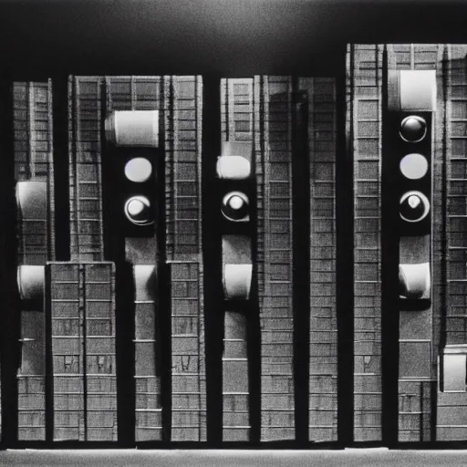 Image similar to 60s movie still of a cyberpunk city made of speakers by Irving Penn, Cinestill 800t 35mm black and white, heavy grainy picture, very detailed, high quality, 4k, HD criterion, dramatic lightning, precise texture, gettyimages