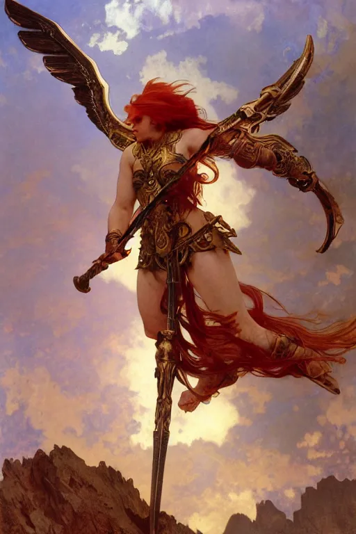 Image similar to full - body matte portrait of a red haired angelic valkyrie with huge silver wings in a heroic pose, wearing thick bronze plate armor at the top of a mountain, holding a spear made of lightning, art by albert bierstadt, alphonse mucha, andreas rocha, greg rutkowski, sharp edges. ultra clear detailed. 8 k. elegant. octane render