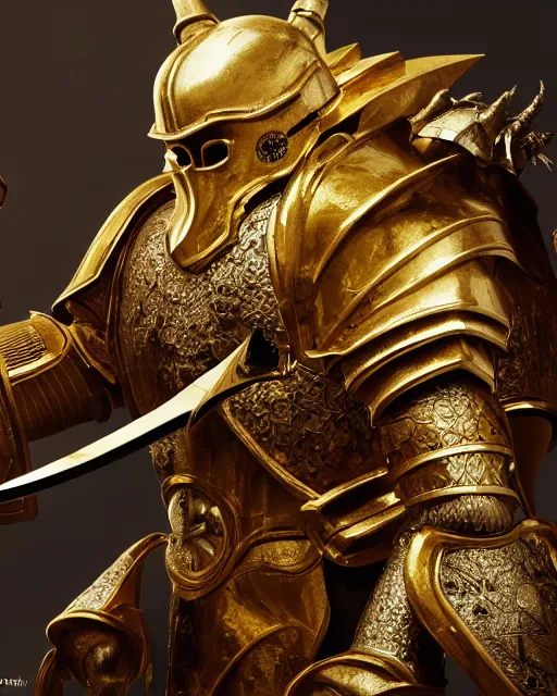 Prompt: render of A baroque gold knight, wearing a gold set of armor with a skull helmet, hyper realistic, unreal, craig mullins, alex boyd, lord of the rings, game of thrones, dark souls, skyrim, dragon age, artstation, cinematic shot, warhammer, dungeons and dragons