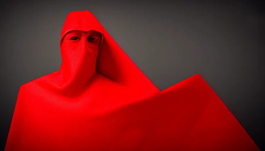 Prompt: photograph of enigmatic figure wrapped in red sheet in darkness, high contrast, hard light, digital art, rendering, cloth simulation, redshift