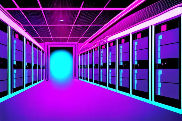 Image similar to realistic robot in a data server room, neon and dark, purple and blue color scheme, by dan mumford and alberto giacometti
