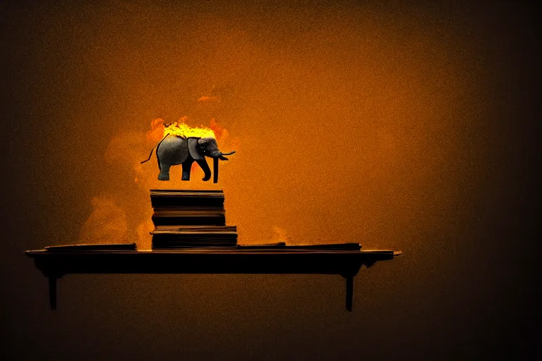 Image similar to republican elephant,pile of papers on fire,Judge's Bench burning, Judge's Gavel,Smoke,Fog Mads Berg, Karolis Strautniekas,stippled light, dramatic lighting,fine texutre, editorial illustration,matte print, film noir,dynamic composition,moody