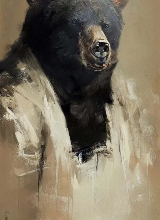 Image similar to portrait painting of anthropomorphic black bear in traditional japanese clothes by jeremy mann, only one head single portrait