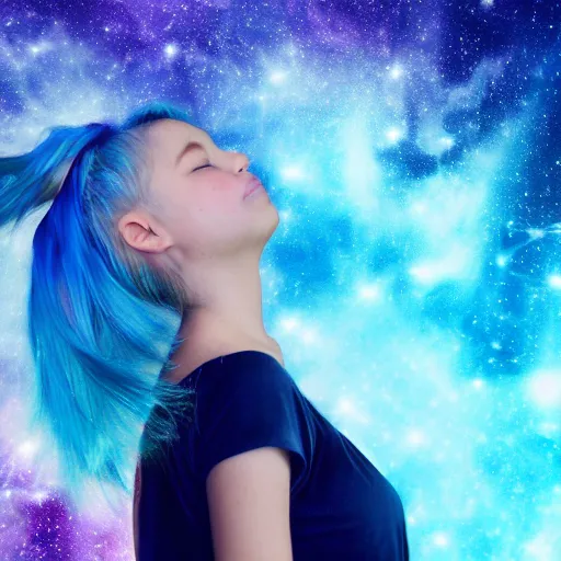 Image similar to photorealistic portraits of girl, blue hair, background with beautiful photography of nebula space wallpaper 8k