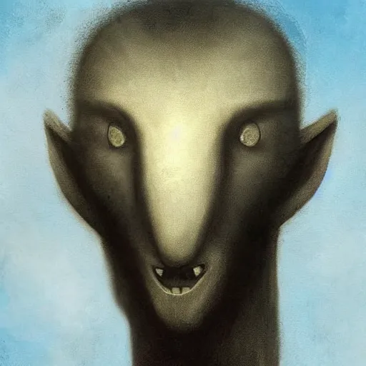 Prompt: A beautiful digital art of of a giant head. The head is bald and has a big nose. The eyes are wide open and have a crazy look. The mouth is open and has sharp teeth. The neck is long and thin. by Catherine Hyde melancholic