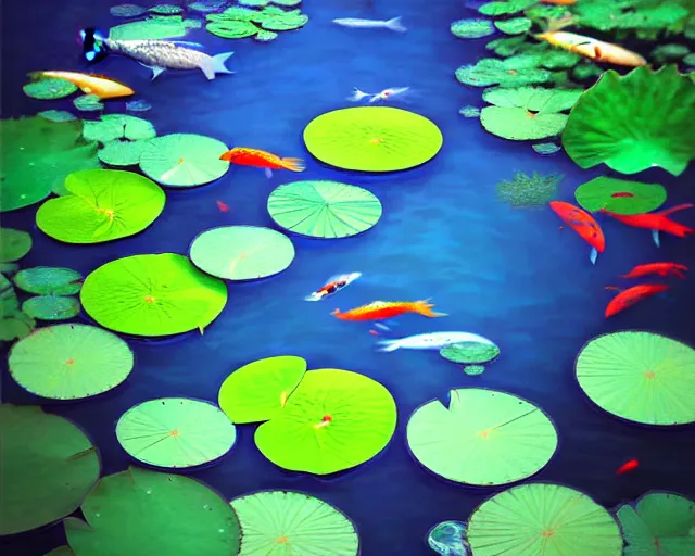 Prompt: Digital painting of koi pond, lotus flowers, dark blue water, green lily pads, goldfish, a fantasy digital painting by makoto shinkai and Alena Aenami, trending on artstation,