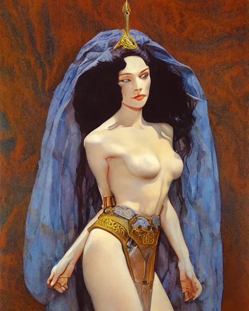 Prompt: a oil painting of a pale skin dark hair curls queen in armor by bruce pennington by armstrong wolf, by hans emmenegger by nicholas roerich, realistic, pale tone, airbrush, drapery, curtain, dawn
