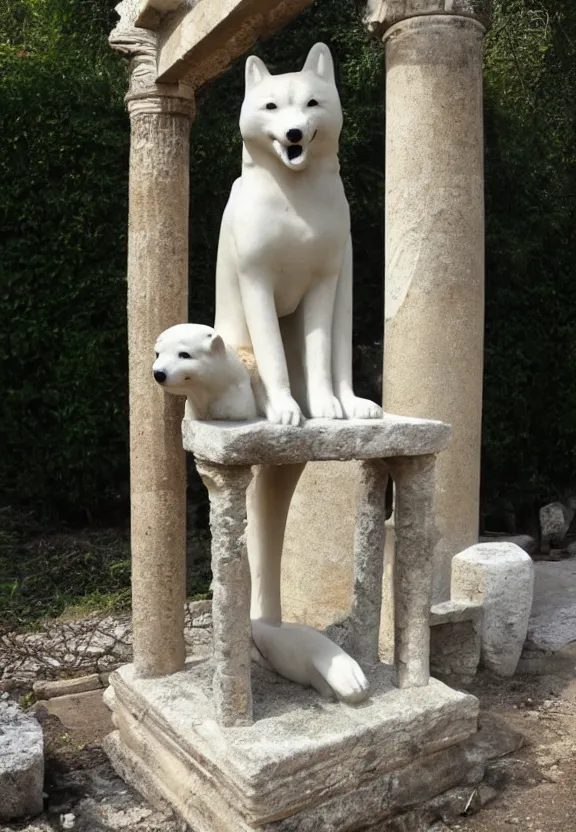 Prompt: ancient greek shrine to a shiba inu god, marble dog statues, ancient ruins