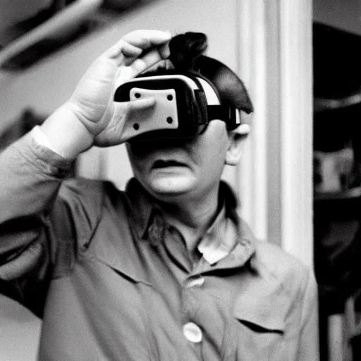 Prompt: old photograph of a russian researcher with a soviet virtual reality headset, russia, 1 9 7 6, ussr, hyper detailed