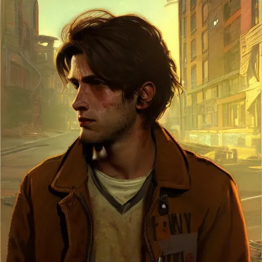 Image similar to Half portrait of a young man with long brown hair as a homeless character in Fallout 4 walking in Boston City, gorgeous, beautiful, intricate, highly detailed, digital painting, artstation, oppressive lighting, concept art, sharp focus, illustration, art by greg rutkowski and alphonse mucha
