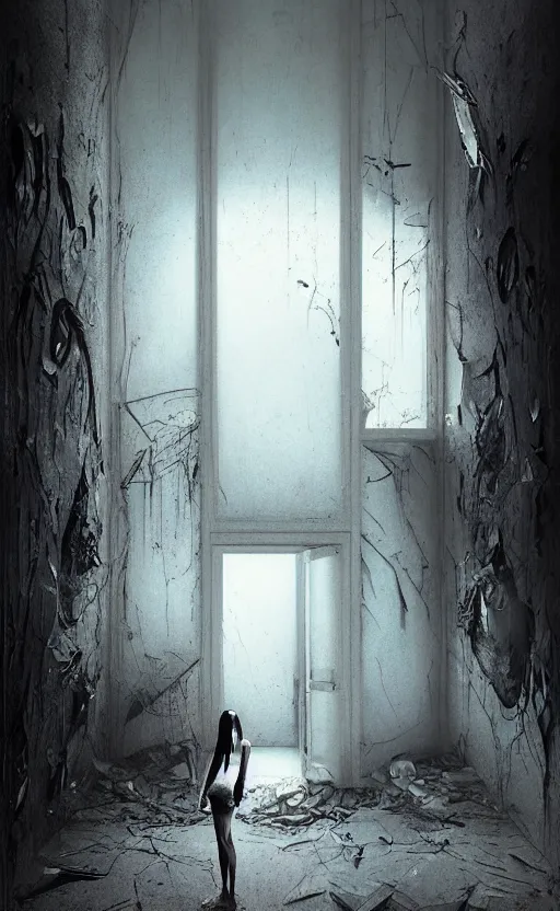 Prompt: vertical movie frame portrait of girl inside abandoned bedroom, ominous backrooms at distance seen through big broken shattered window, giger interior design, architectural design, vintage, liminal aesthetic, dreamcore, weirdcore, clean lines, wide angle, by wayne barlowe, tsutomu nihei, zdzislaw beksinski,