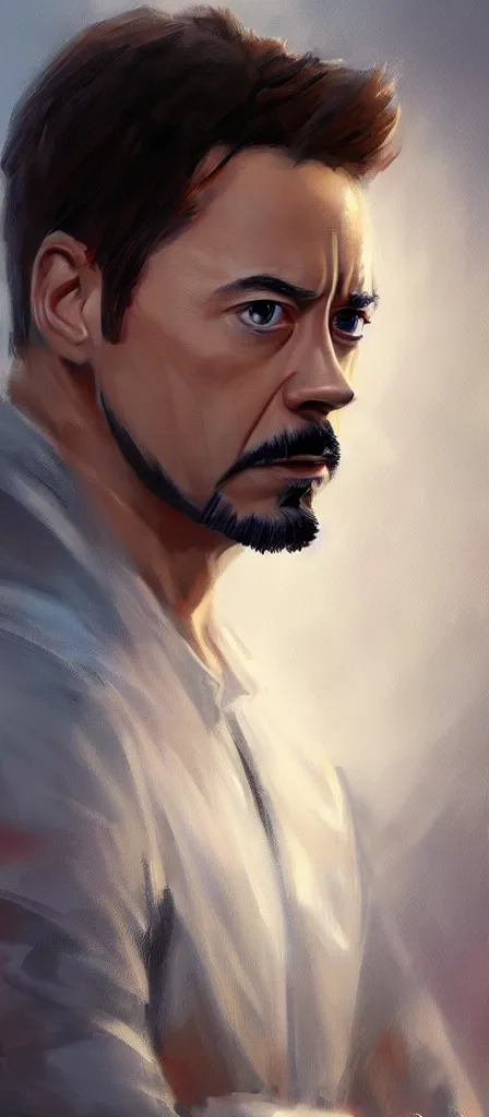 Image similar to concept art of tony stark, cinematic shot, oil painting by jama jurabaev, extremely detailed, brush hard, artstation, high quality, brush stroke