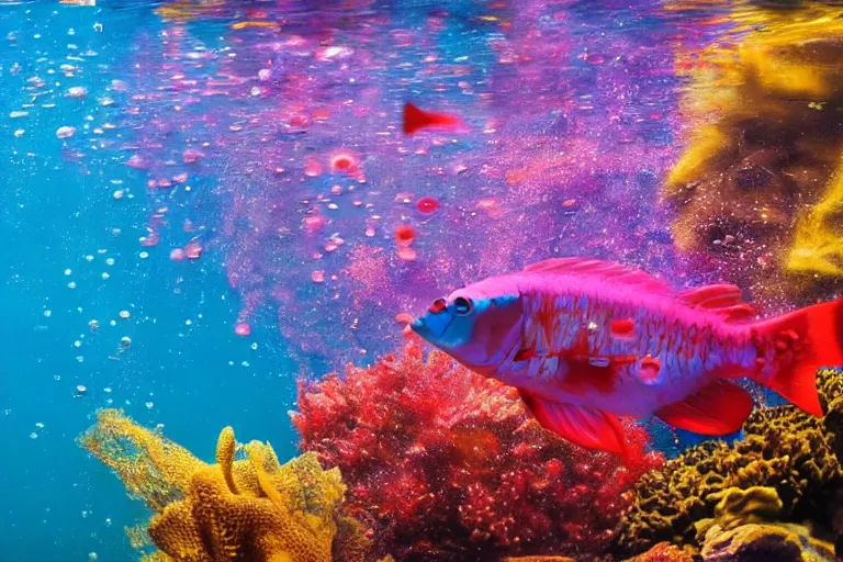 Image similar to ultra realistic underwater photography, panoramic picture of a river with ( subject : one very big exotic brightly coloured fish ). lots of bubbles. wavy, scattered light entering from the water surface, artstation, focus on the fish, extremely hyperrealistic crisply sharp fish, 8 k