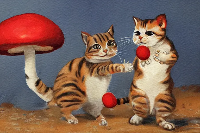 Prompt: a high detail paint of Two cats dancing with a mushroom, in simple background, concept art, mad painting