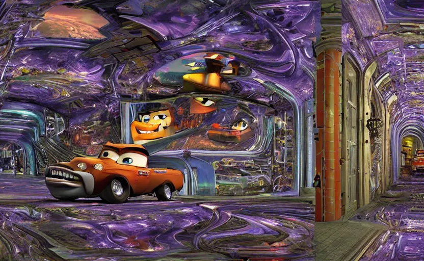 Image similar to mater from cars in a mirrored fractal hallway, romance novel cover, dmt visualization, in 1 9 9 5, y 2 k cybercore, industrial photography, still from a ridley scott movie