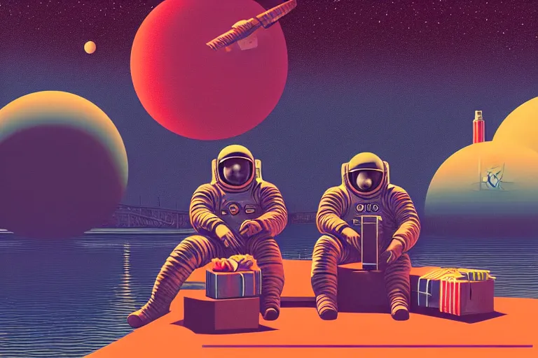 Prompt: more cosmonauts sitting by the river with and big holiday cake and retro futuristic poster cybernetic pattern nano enhancements, gradient space graphics in background, close up, quint buchholz, wlop, dan mumford, artgerm, liam brazier, peter mohrbacher, raw, artstation, octane render, cinematic, intricate, 8 k