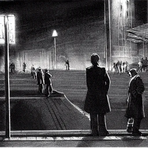 Prompt: some people waiting at bus stop in dark city night, detailed, high quality,a scene by Stanley kubrick, sci-fi, reimagined by industrial light and magic