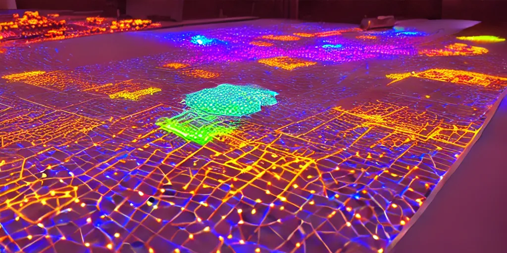 Image similar to 9-track machines made of digital grids and glowing stones with embedded LEDs. amber glowing screens.