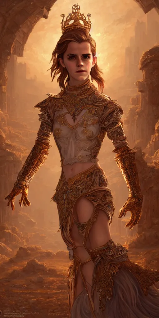 Image similar to portrait of emma watson as knights of zodiac girl, golden and copper shining armor, in ruined agora of athens sunrise, ssci - fi and fantasy, intricate and very very beautiful and elegant, highly detailed, digital painting, artstation, concept art, smooth and sharp focus, illustration, art by ilya kuvshinov and tian zi and wlop and z - - ed